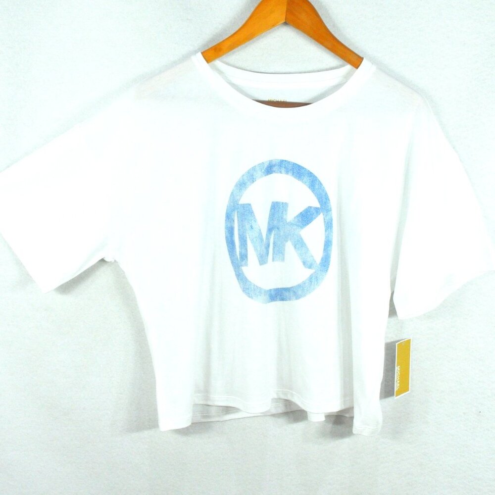 Michael Kors Women's Shirt L Summer White Blue MK Logo Cropped Top Blouse